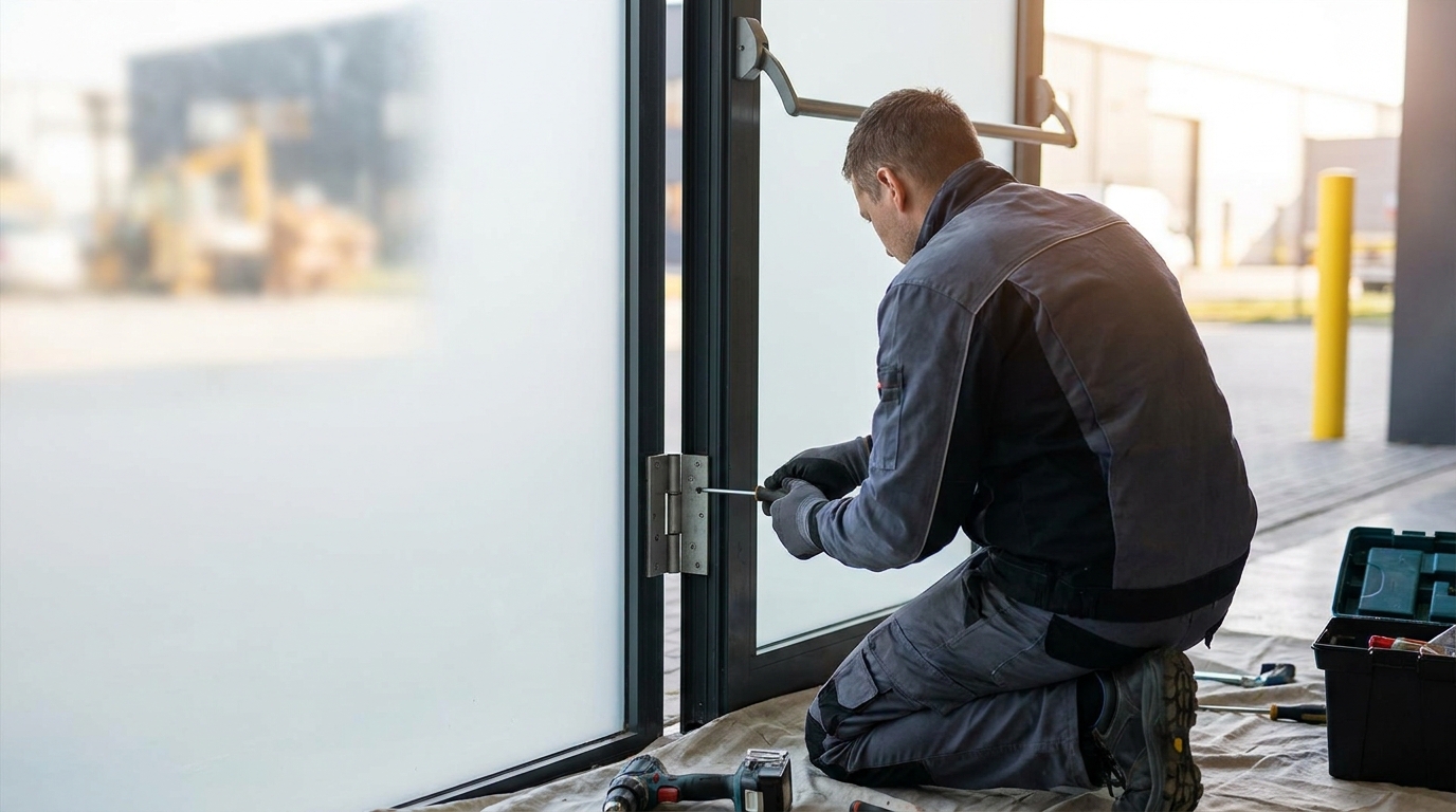 Charleston Locksmith technician repairing a commercial storefront glass door