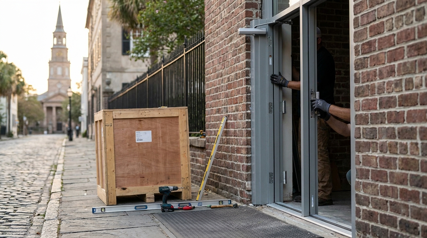 Commercial door installation on a Charleston street by a licensed local locksmith team