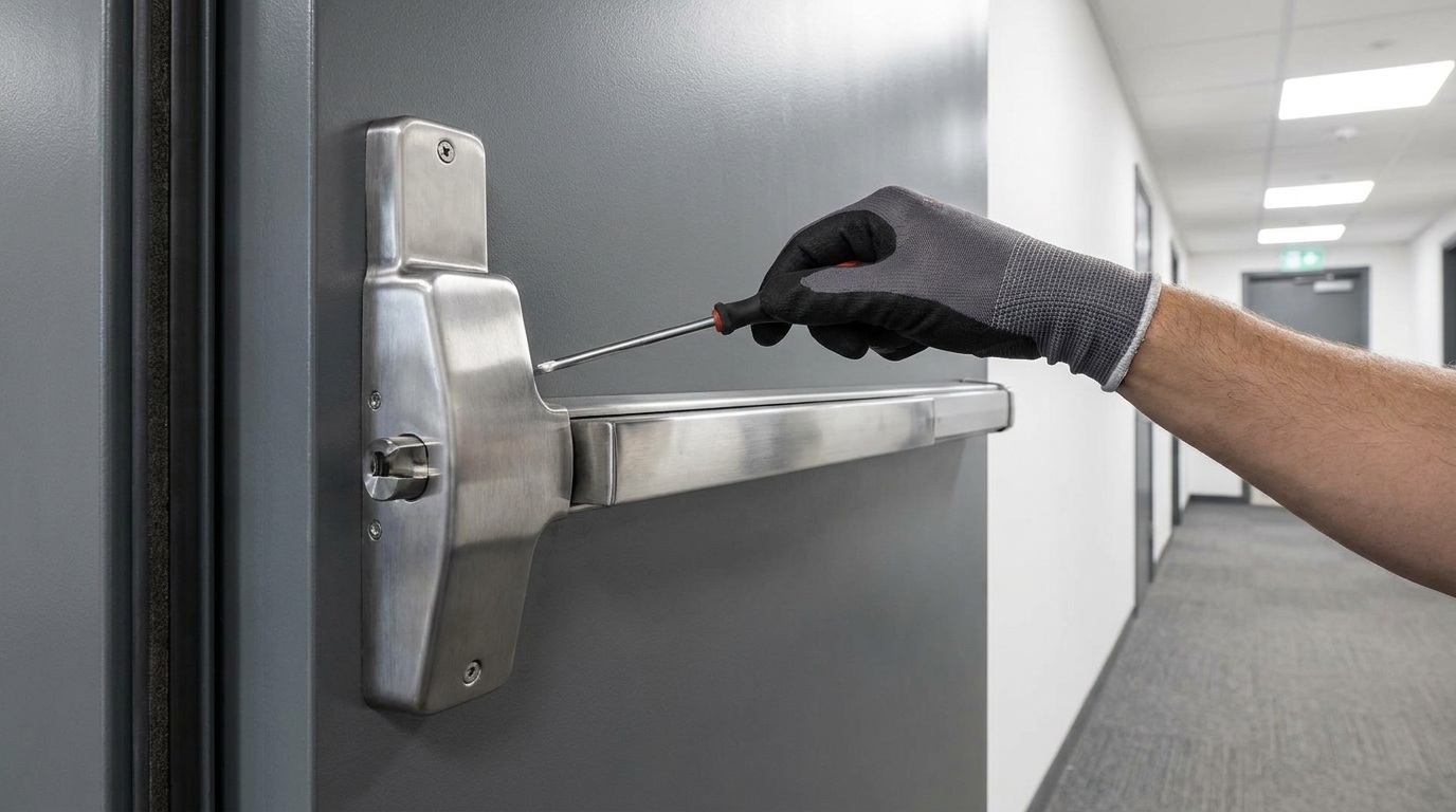 Close-up of a commercial door closer and exit device being serviced on a fire-rated door