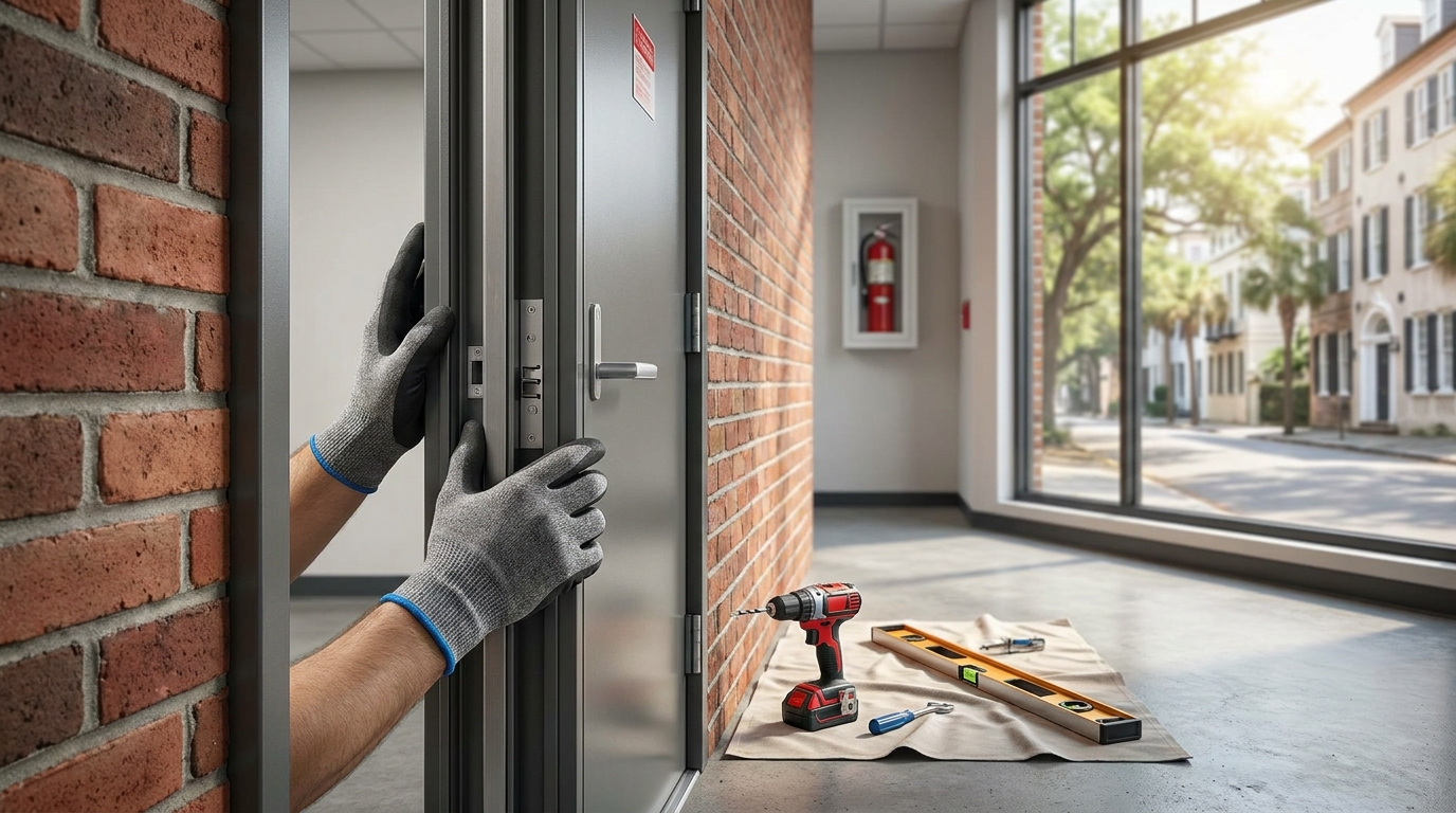 Fire-rated door installation in a Charleston commercial building by a certified Charleston Locksmith technician