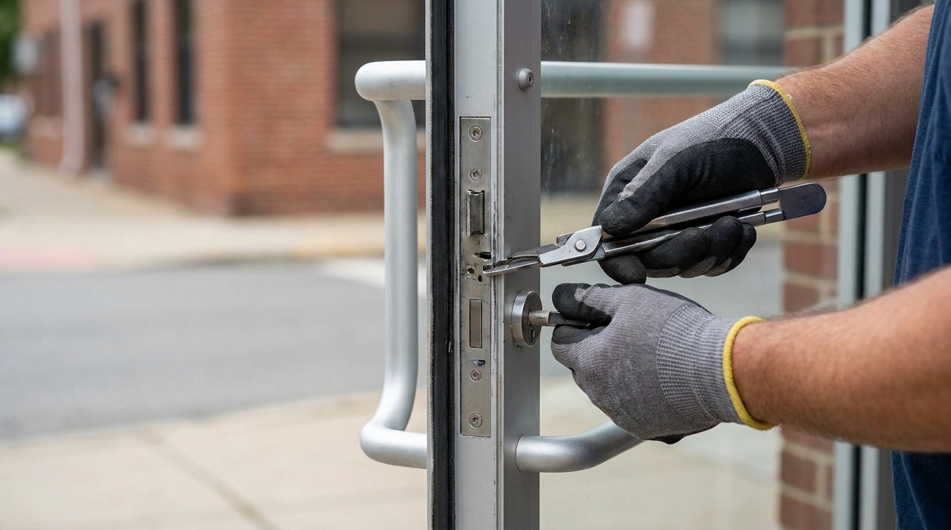 Charleston Locksmith technician repairing a commercial storefront glass door during an emergency service call