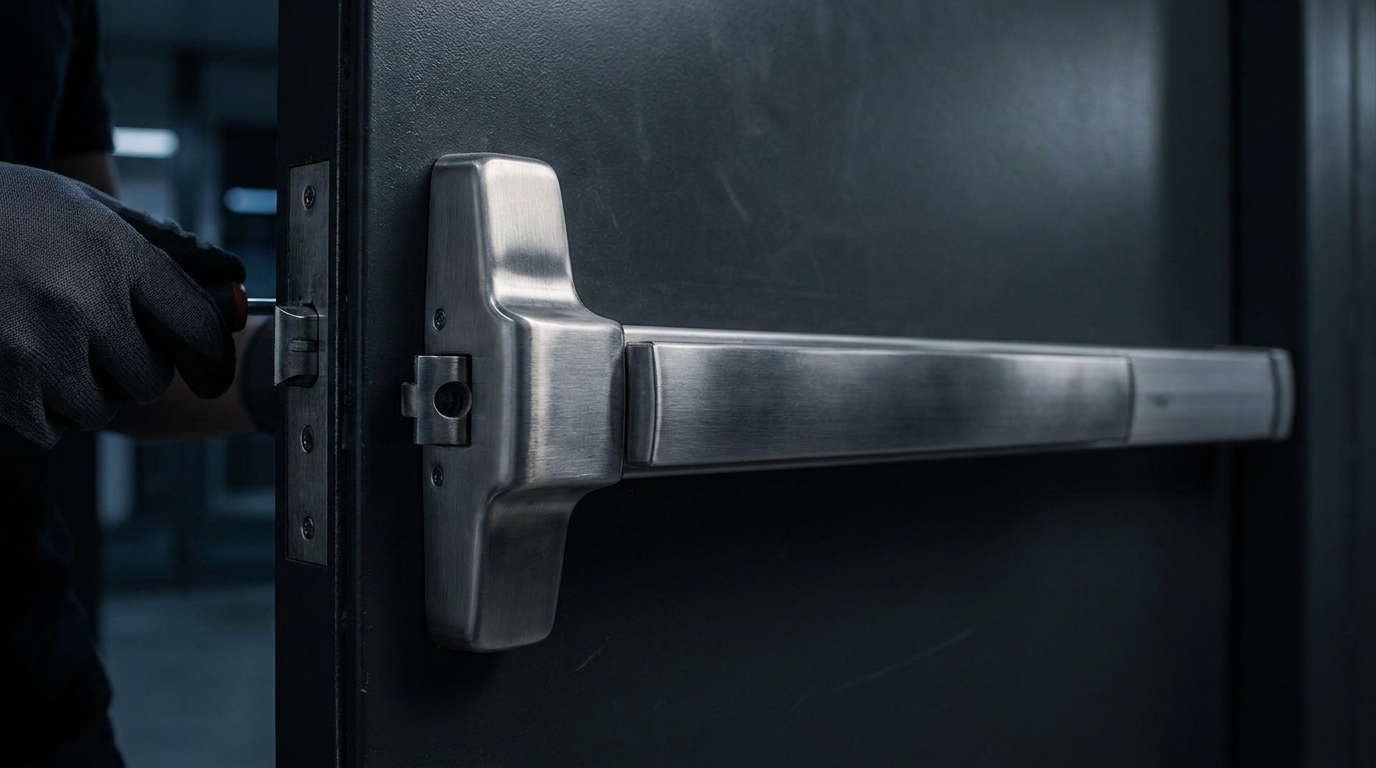 Close-up of a commercial door closer and exit device being serviced on a fire door