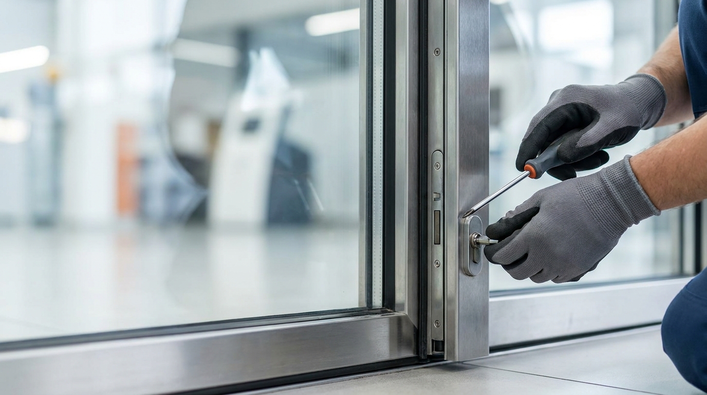Charleston Locksmith technician repairing the lock and closer on a commercial storefront glass door