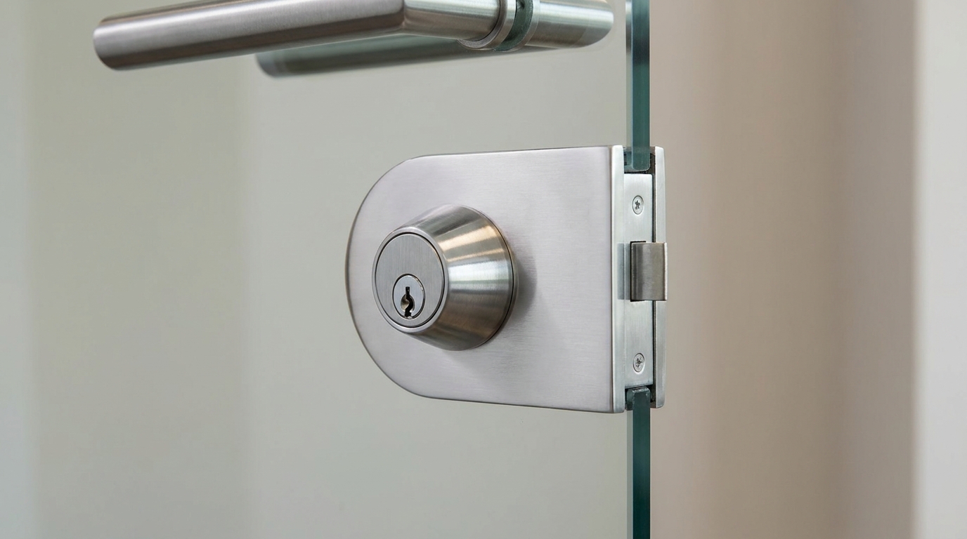 Close-up of a commercial glass storefront door lock and door closer being serviced