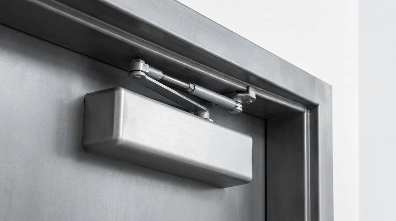 close-up of a commercial door closer and exit device being serviced on a steel door. Caption: "Adjusting an exit device on a steel commercial door."