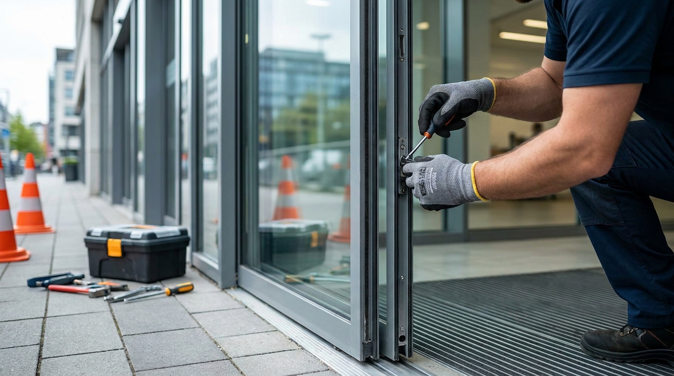 Charleston Locksmith technician servicing a commercial automatic sliding door operator at a storefront entrance