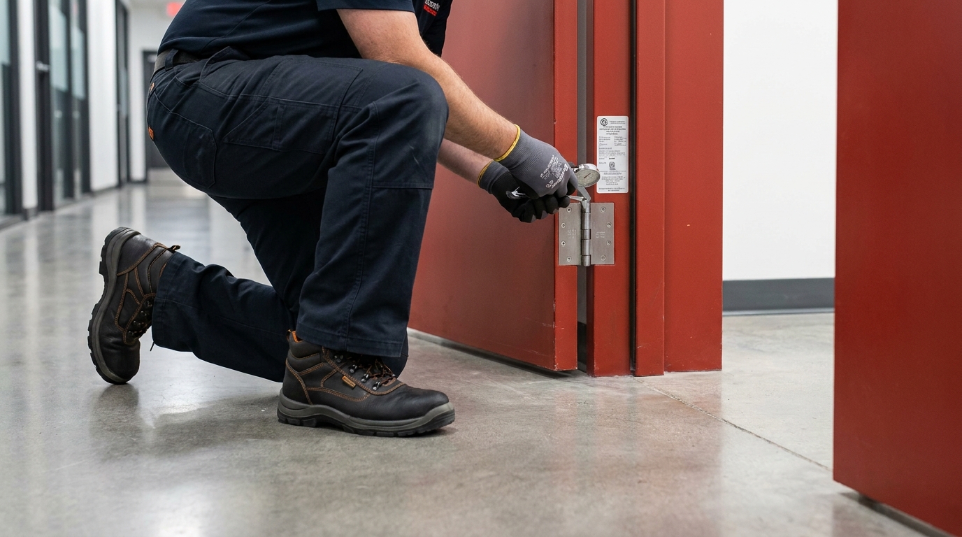 Charleston Locksmith technician inspecting a fire-rated commercial door and its exit hardware