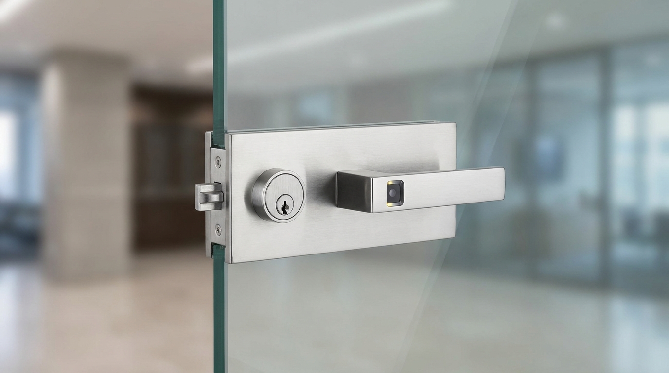 Close-up of a commercial glass storefront door lock being serviced alongside access control hardware