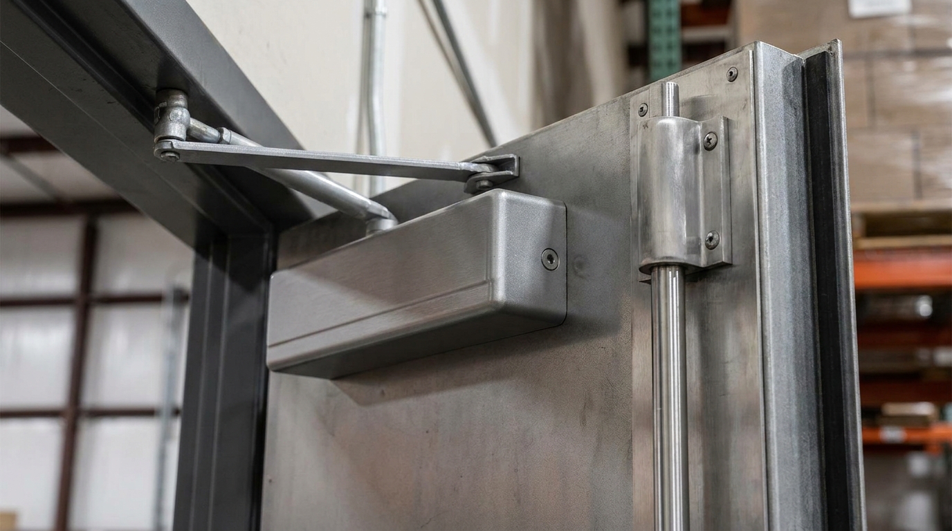 Close-up of a fire-rated commercial door closer and exit device