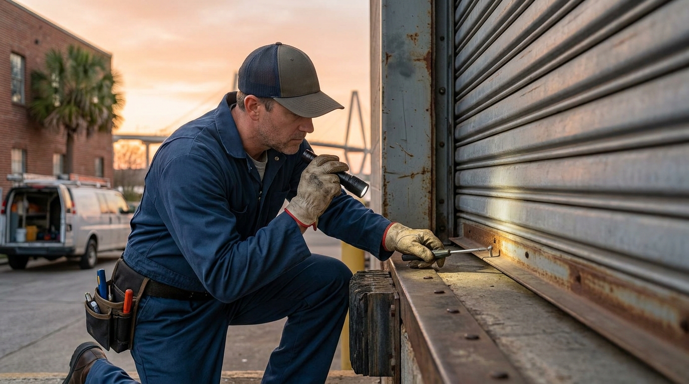 Hero image - Charleston Locksmith technician inspecting and servicing a commercial roll up door