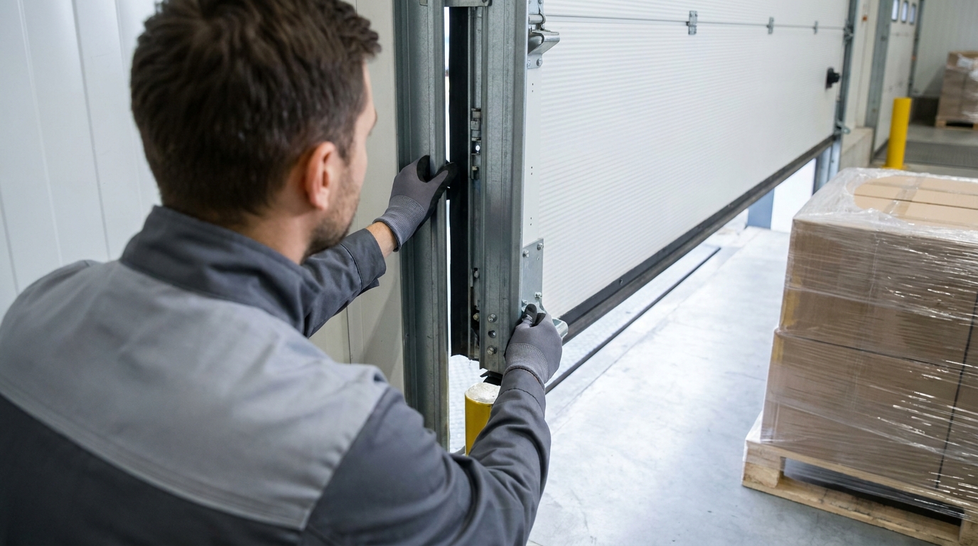 Charleston Locksmith technician inspecting a commercial loading dock door and roll-up track