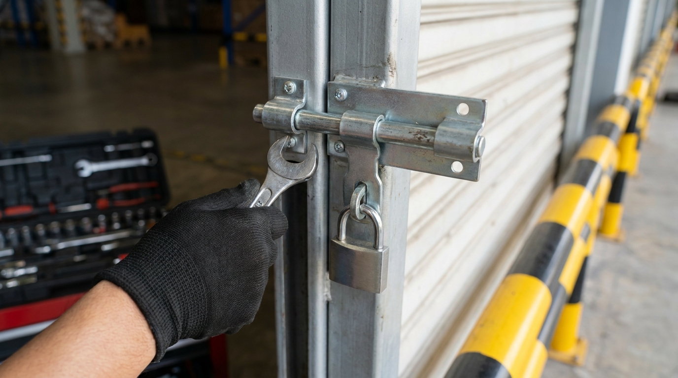 close-up of a roll up door lock and slide bolt being serviced by a technician