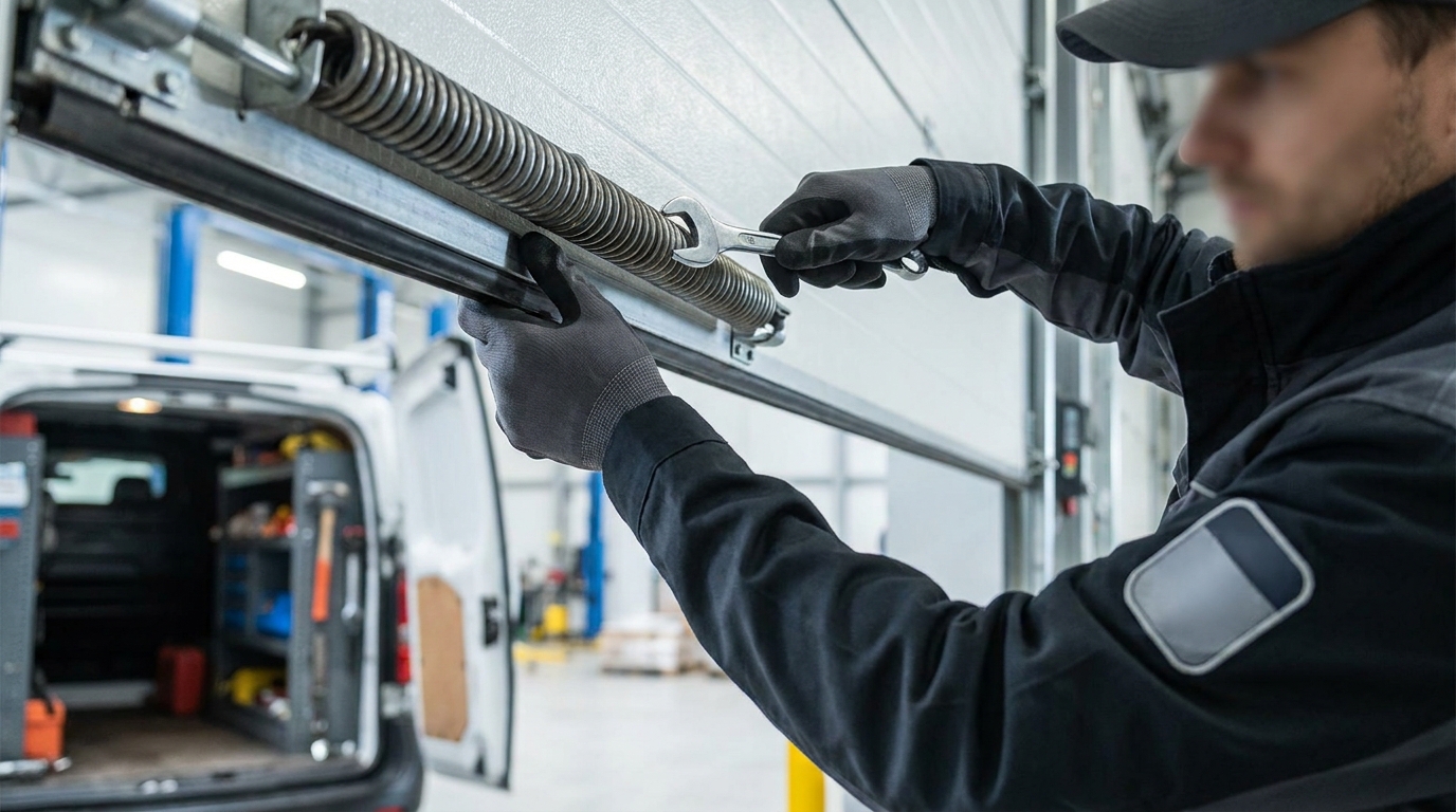 Charleston Locksmith technician inspecting and servicing an overhead commercial rolling steel door