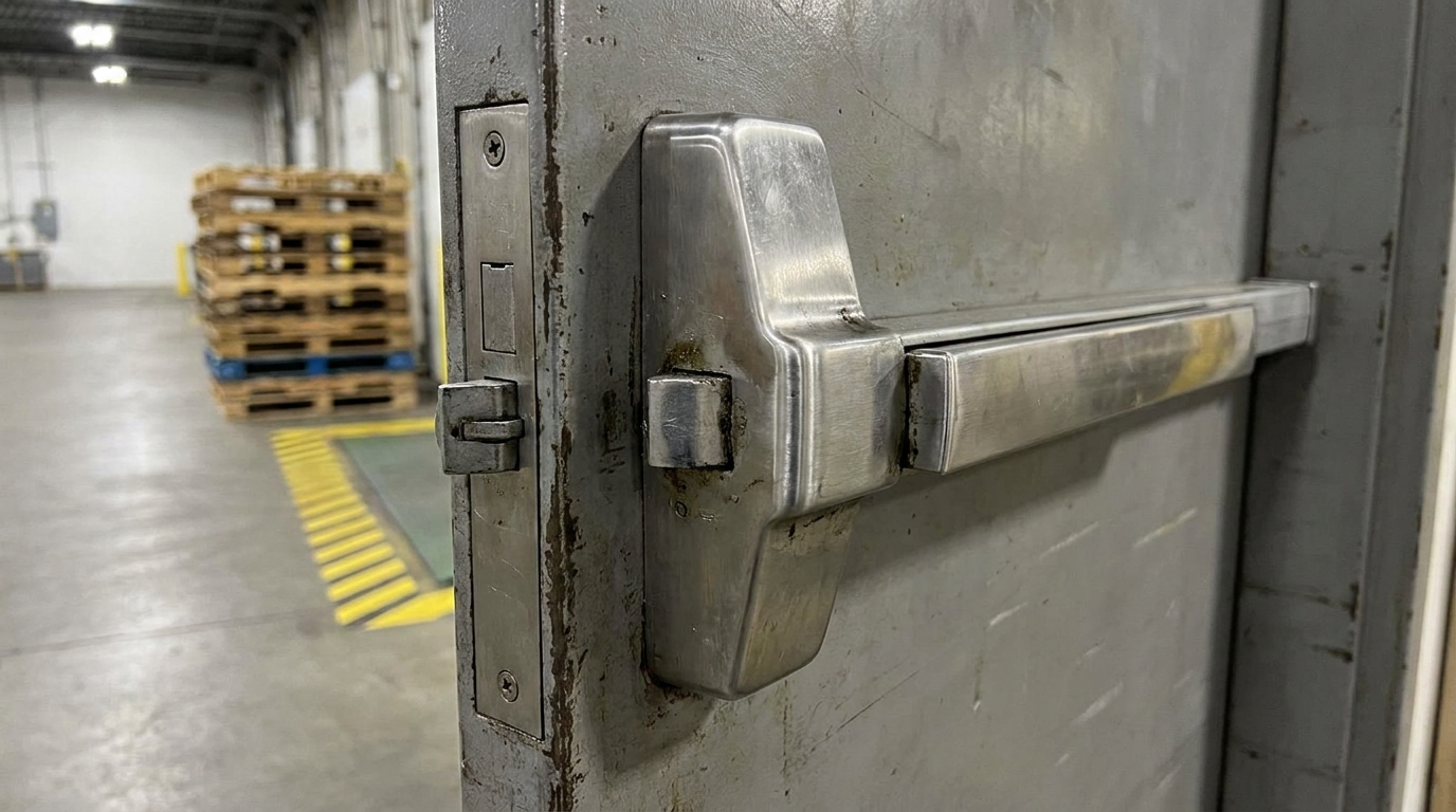 close-up of a commercial door lock and exit device being serviced on a dock man-door