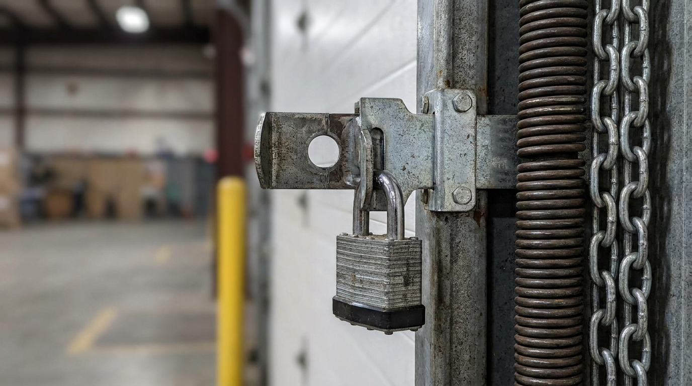close-up of a commercial overhead door lock and closing mechanism being serviced by hand