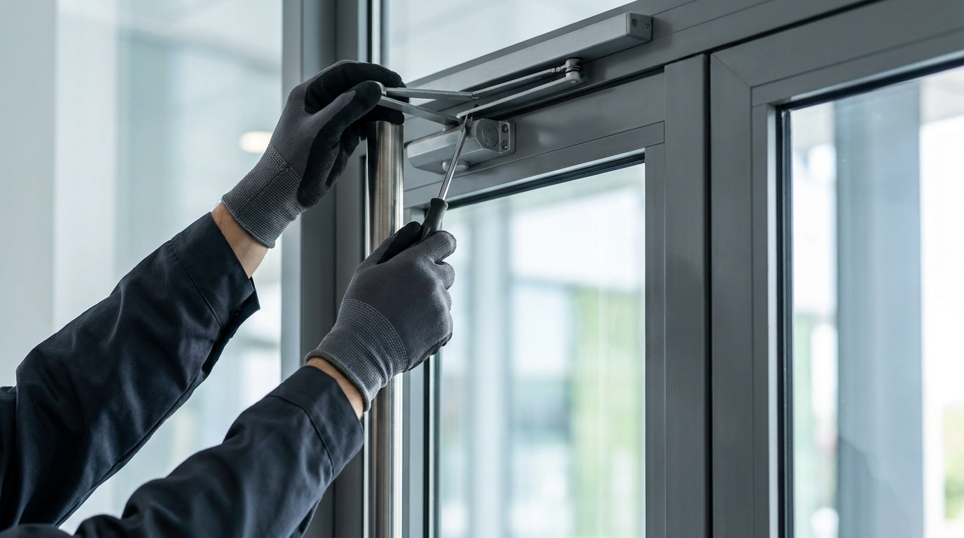 Charleston Locksmith technician inspecting and adjusting a hydraulic door closer on a fire-rated door