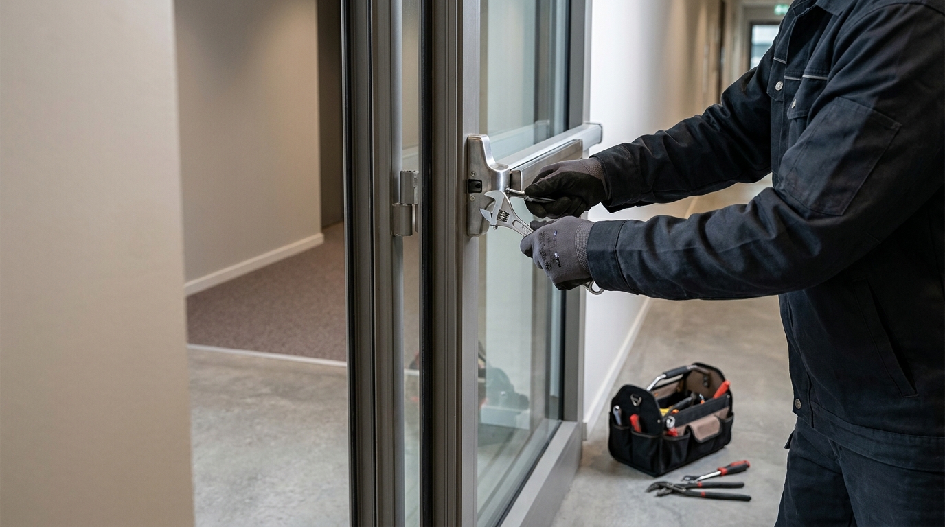 Charleston Locksmith technician inspecting and servicing a commercial panic bar exit device on a storefront door