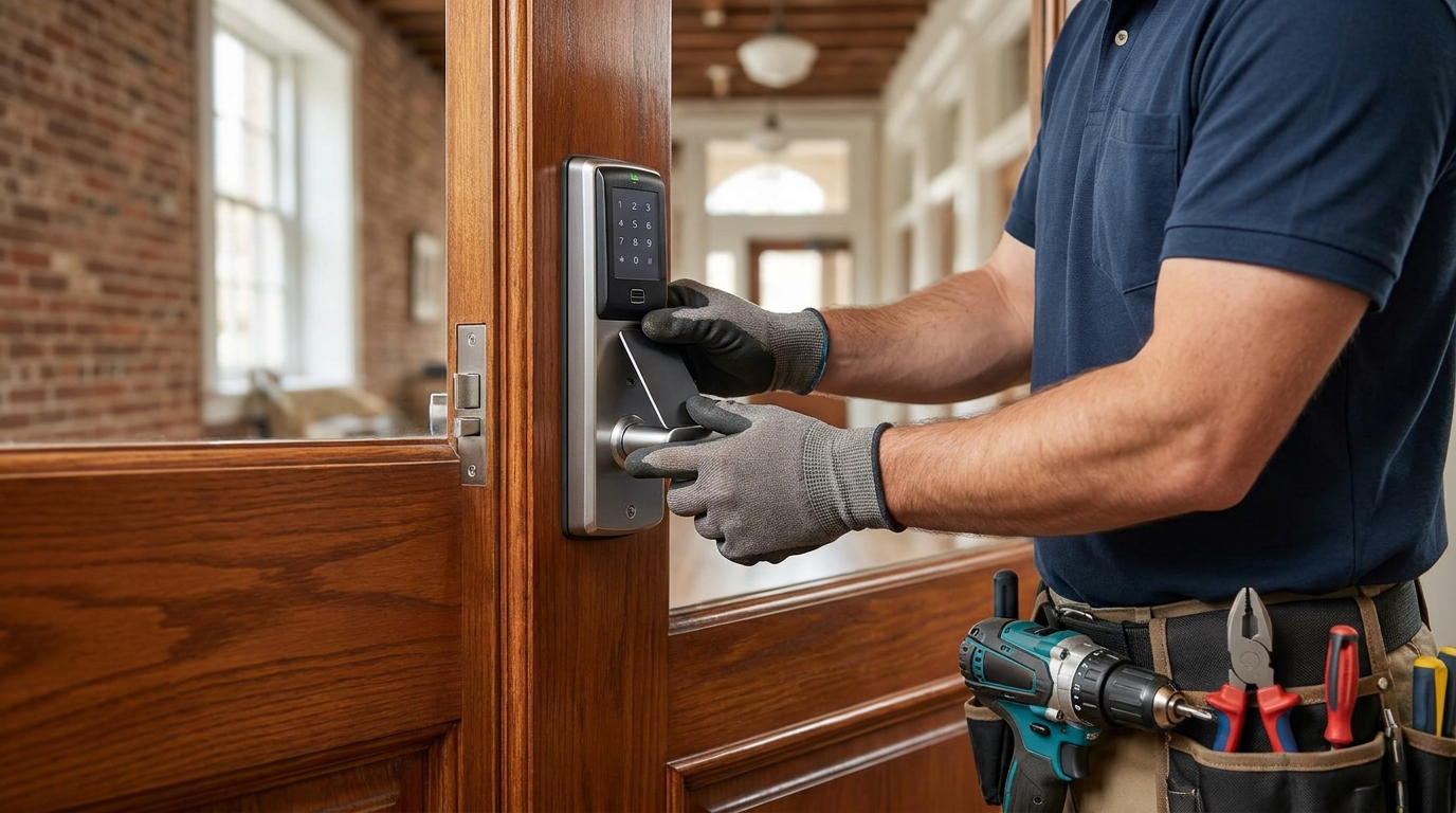 Charleston Locksmith technician installing an access control card reader and keypad on a commercial door