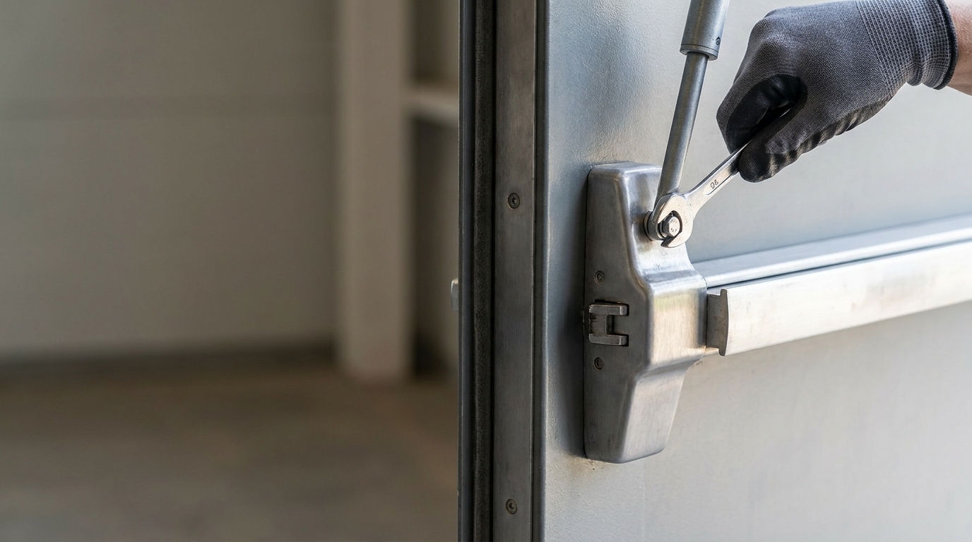 Close-up of a commercial door closer and exit device being serviced on an aluminum storefront glass door