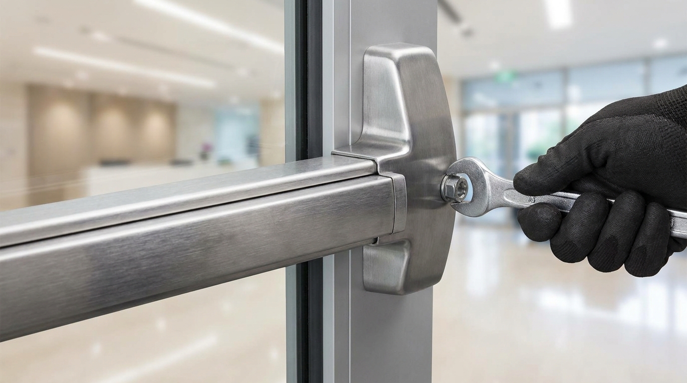 Close-up of a commercial door lock and exit device being serviced on an aluminum storefront glass door