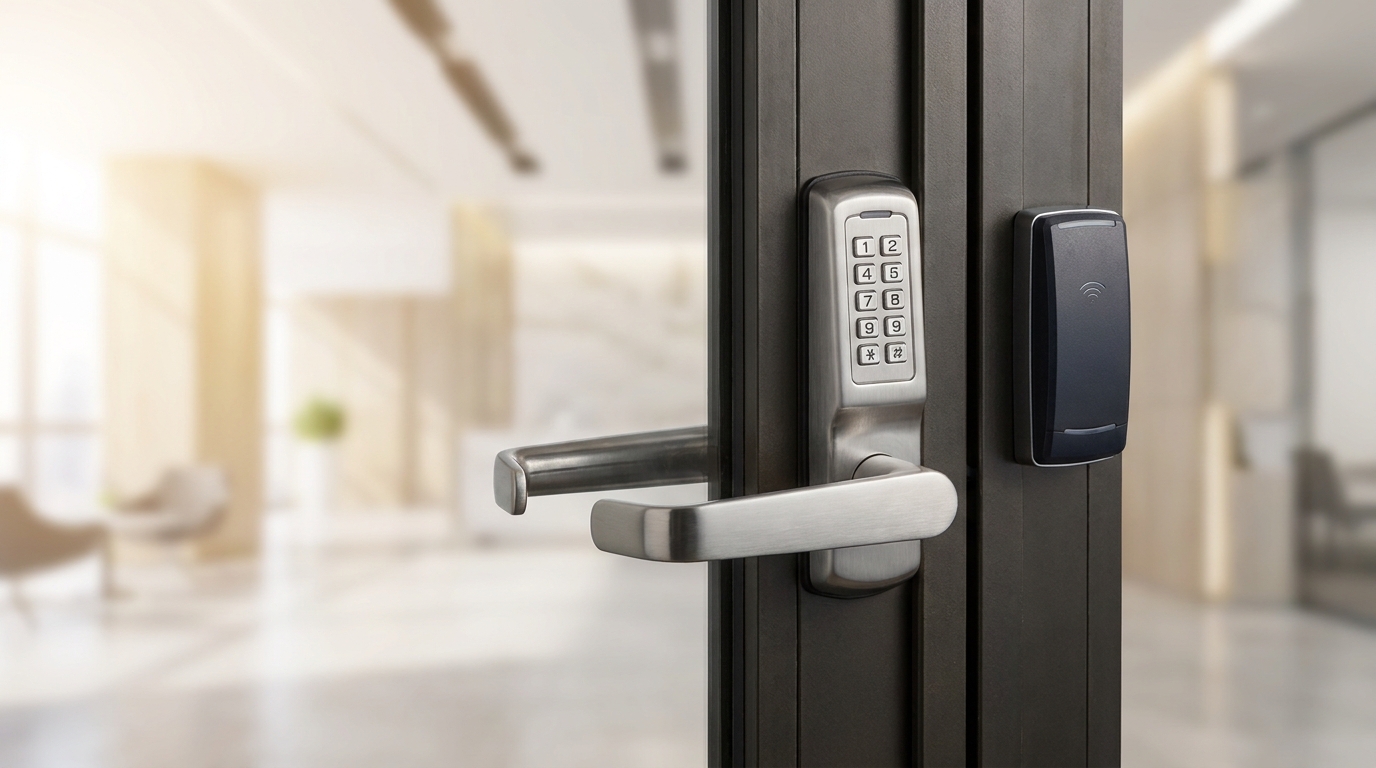 Close-up of a commercial door lock and card reader being serviced