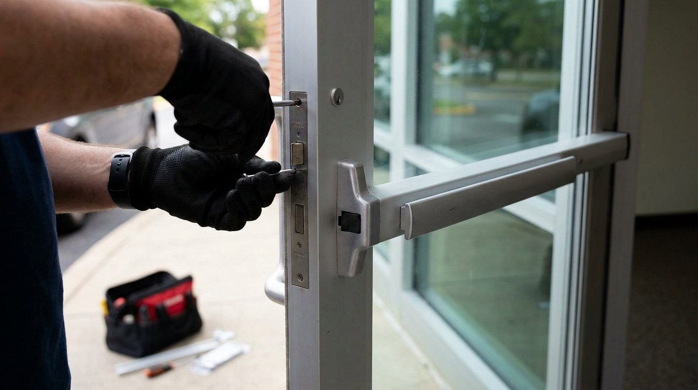 Storefront door service on an aluminum commercial glass door in Charleston