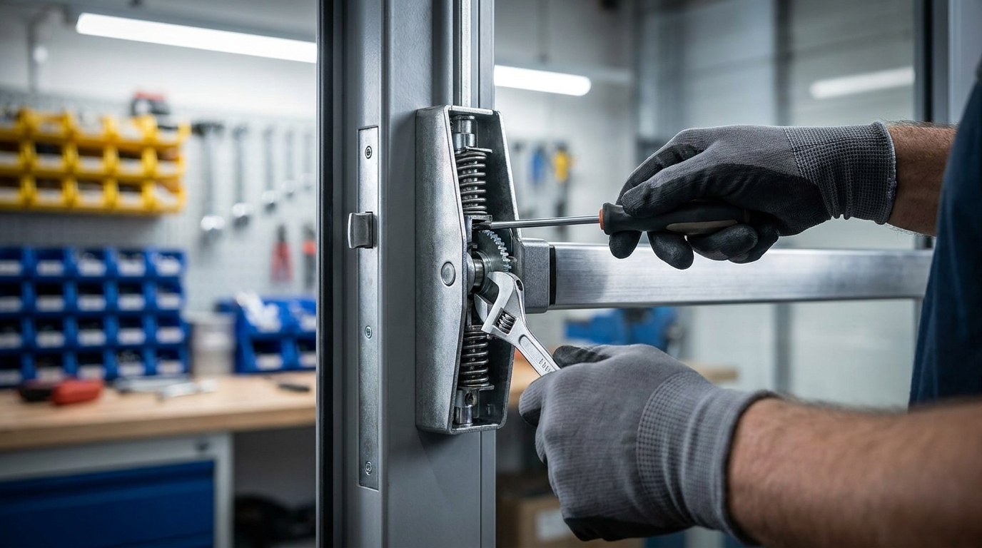 Close-up of a fire-rated exit device being serviced on a commercial door