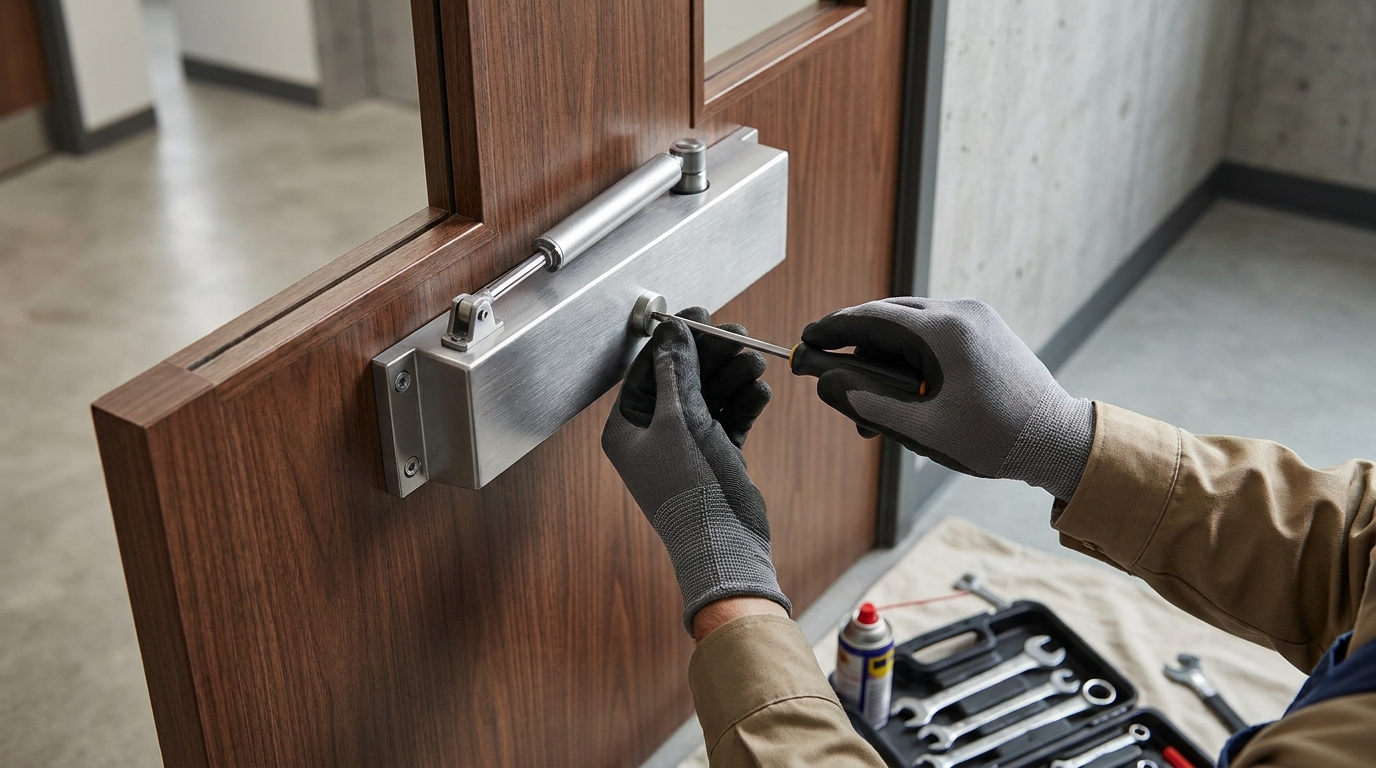 Close-up of a commercial door closer being serviced on a fire door