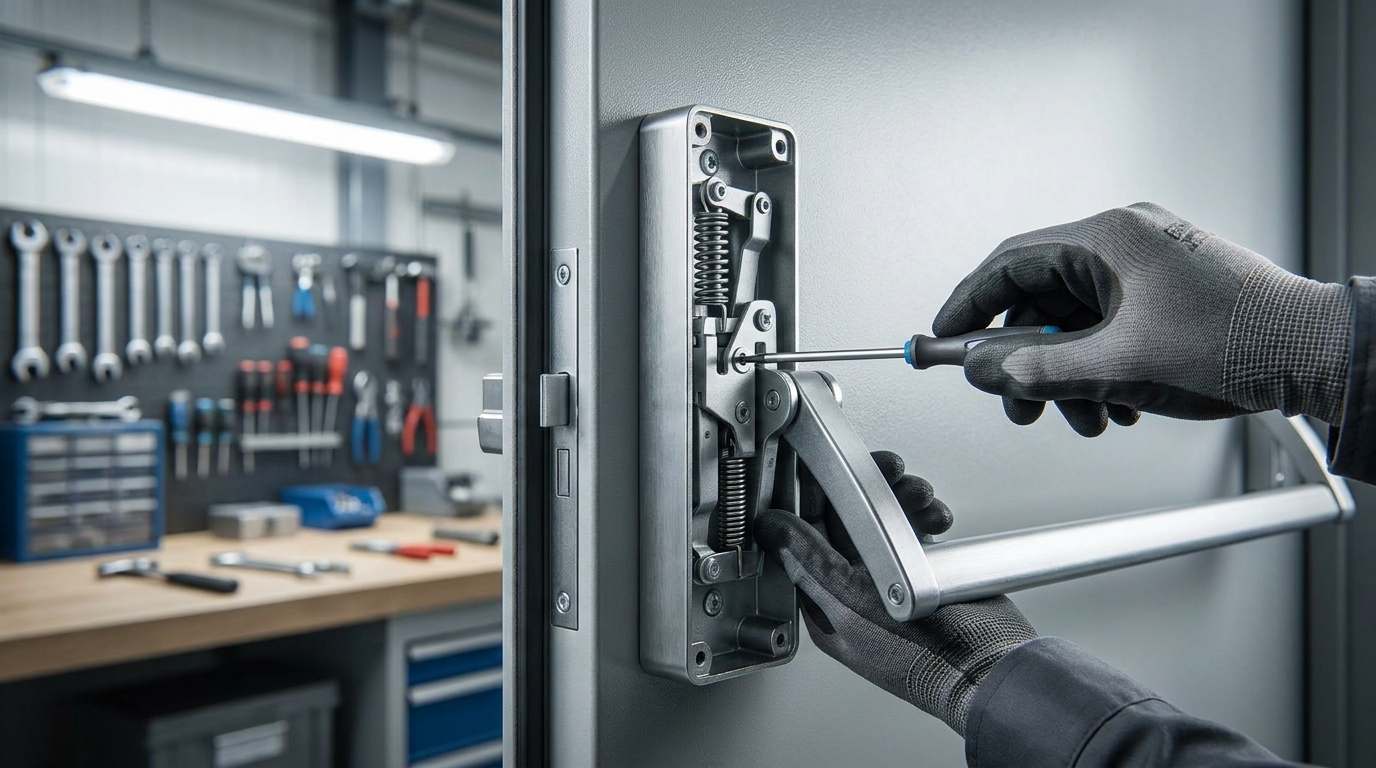 Close-up of a fire-rated exit device being serviced on a commercial door