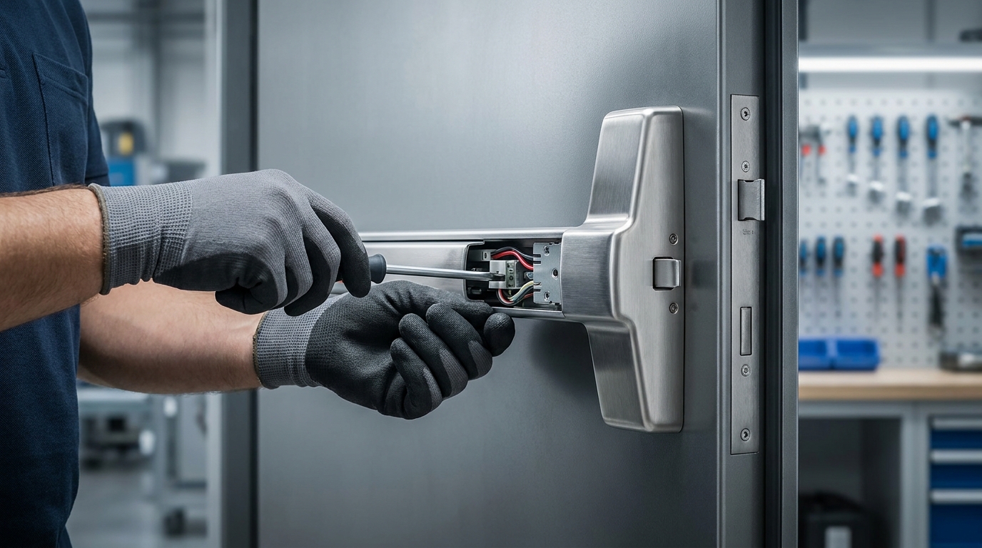 Close-up of a fire-rated exit device (panic bar) being serviced on a commercial door