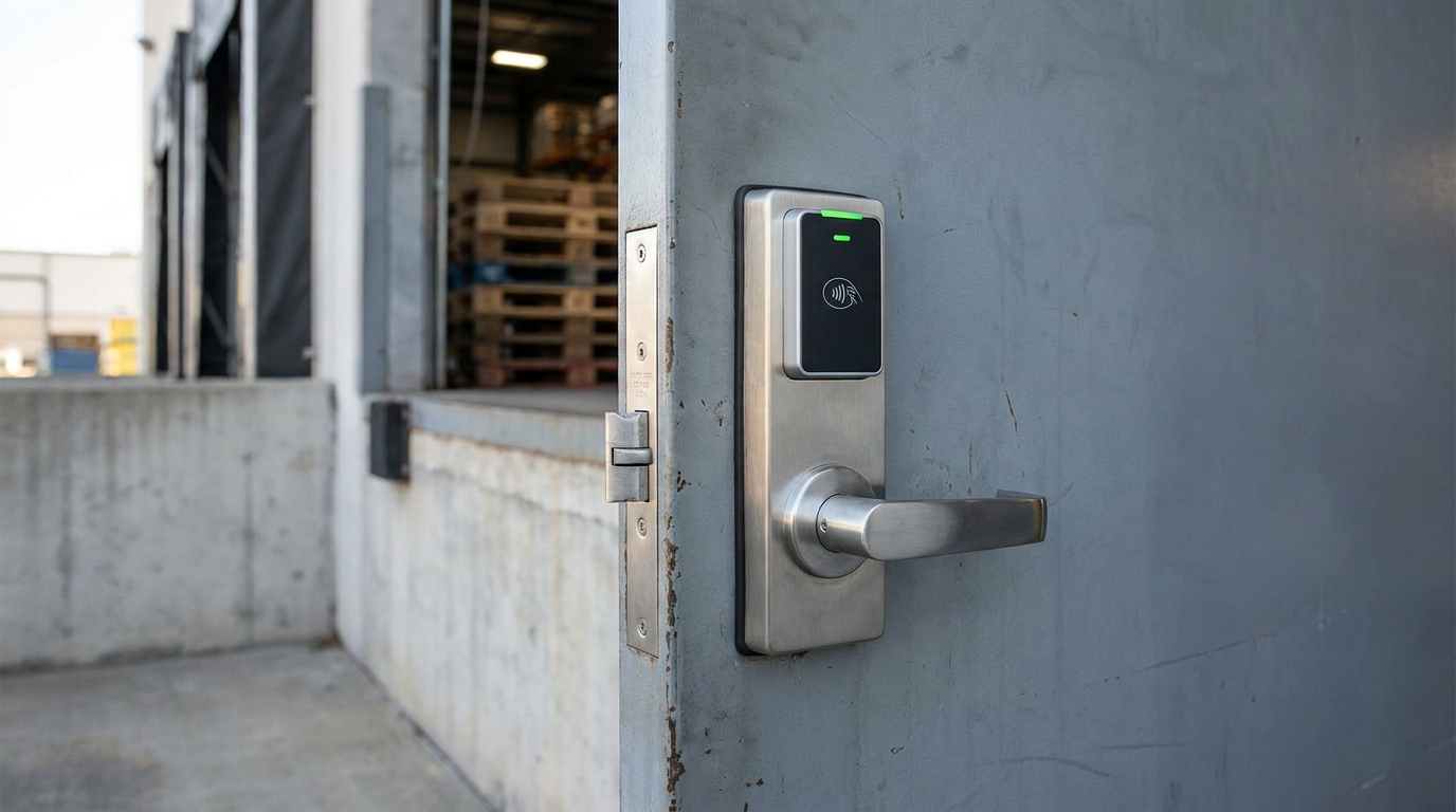 close-up of a commercial door lock and card reader being serviced