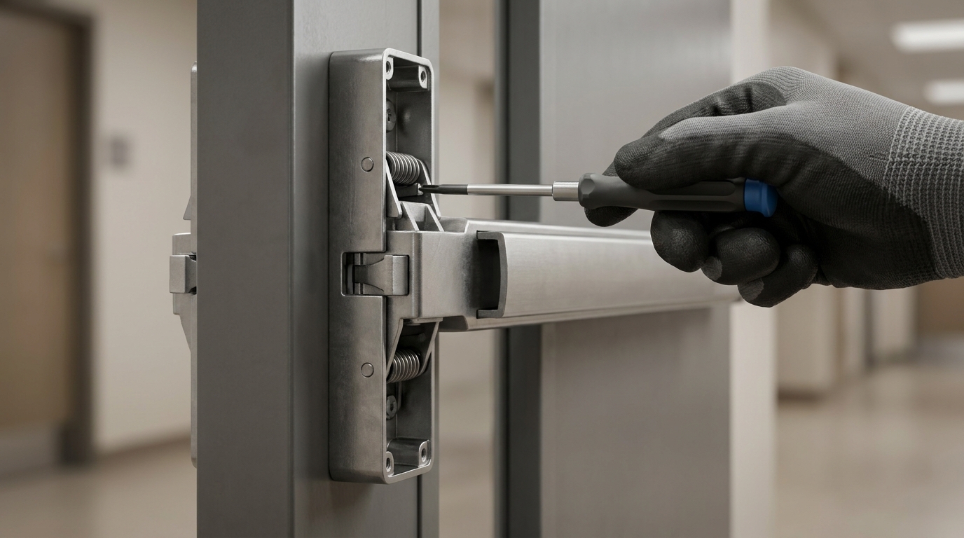 Close-up of a fire-rated exit device (panic bar) being serviced on a commercial door