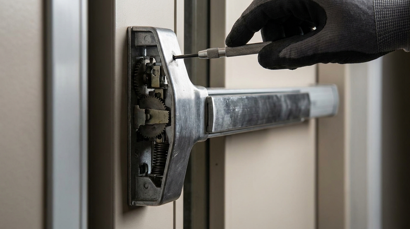 close-up of a fire-rated exit device (panic bar) being serviced on a commercial storefront door