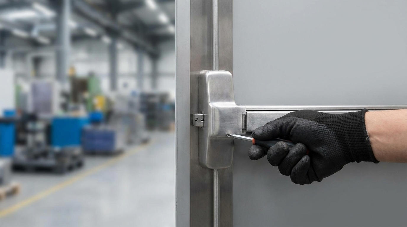 close-up of a fire-rated exit device (panic bar) being serviced on a steel door