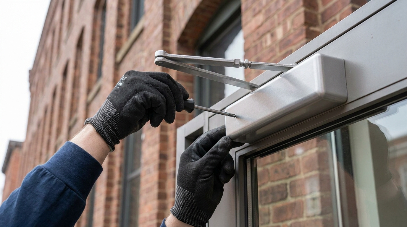close-up of a commercial door closer being serviced on a fire-rated steel door