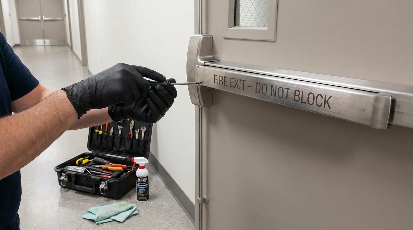 Close-up of a fire-rated exit device (panic bar) being serviced on a commercial door