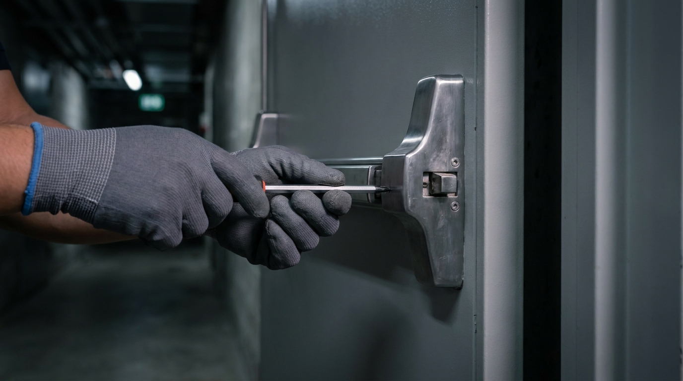 Close-up of a fire-rated exit device being serviced on a commercial door