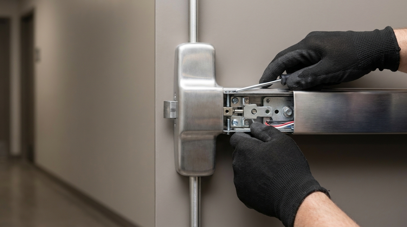 Close-up of a fire-rated exit device (panic bar) being serviced on a commercial door