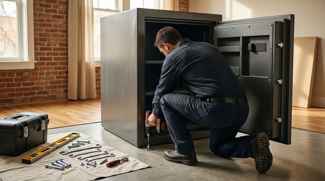 Locksmith installing and anchoring a home safe in Charleston, SC Charleston Locksmith technician installing and anchoring a home safe in a Charleston SC residence