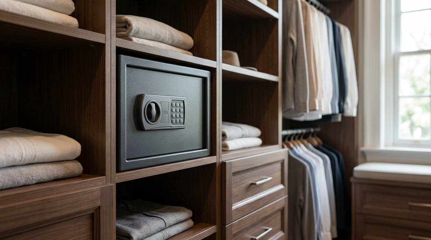Residential home safe installed in a Charleston closet Compact residential home safe installed in a Charleston closet with jewelry and documents inside