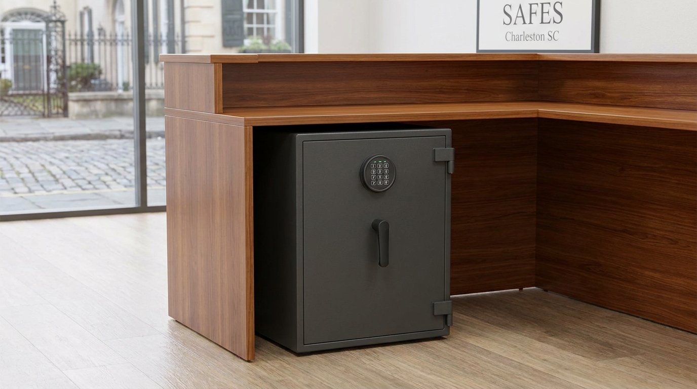 Commercial business safe under a counter in Charleston Commercial business safe placed under a counter in a Charleston office or shop