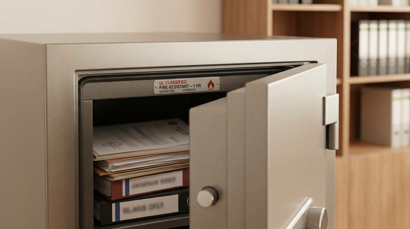 Fire-rated safe with UL fire rating label Fire-rated safe showing a UL fire rating label with documents inside
