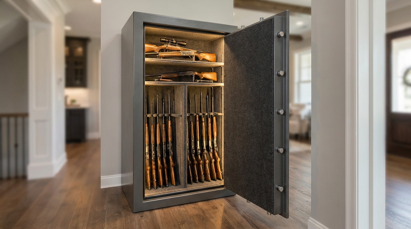 Full-height Liberty rifle safe with interior lighting Full-height Liberty rifle safe with long guns and interior lighting