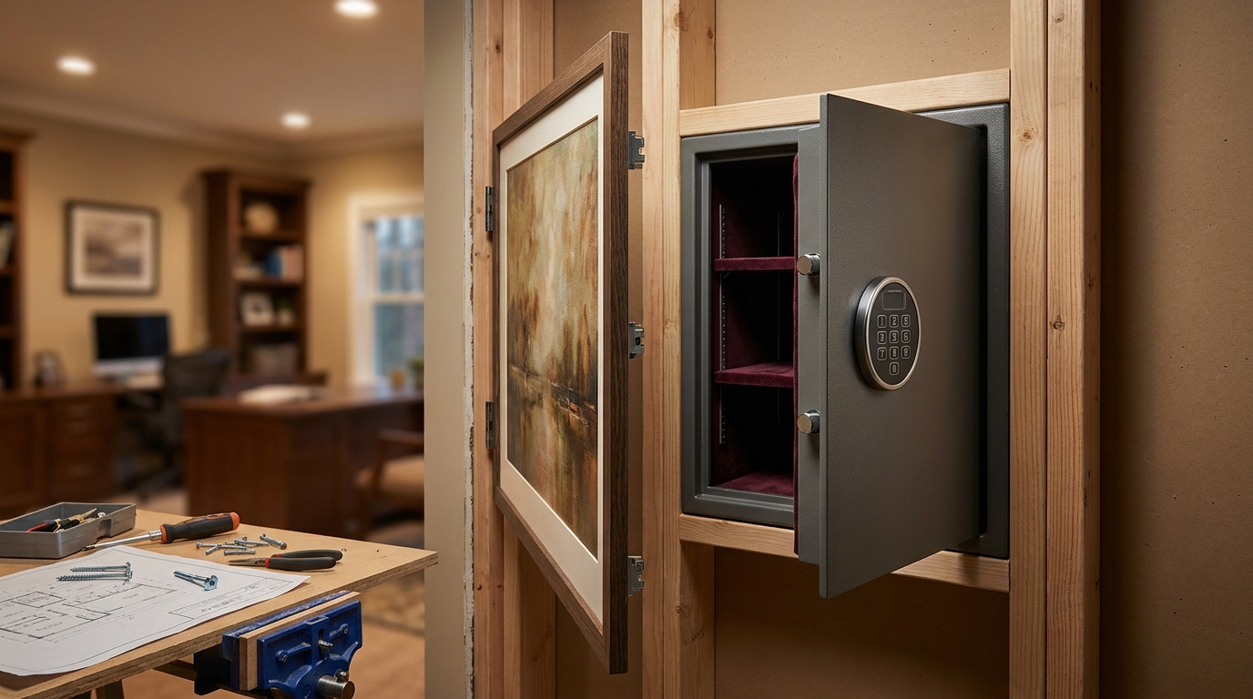 Recessed wall safe hidden behind a mirror Recessed wall safe installed between studs and hidden behind a mirror
