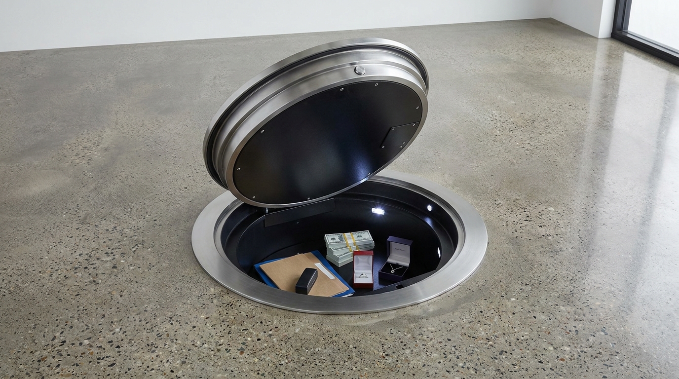 In-floor safe set into a concrete slab In-floor safe set into a concrete slab with the lid open