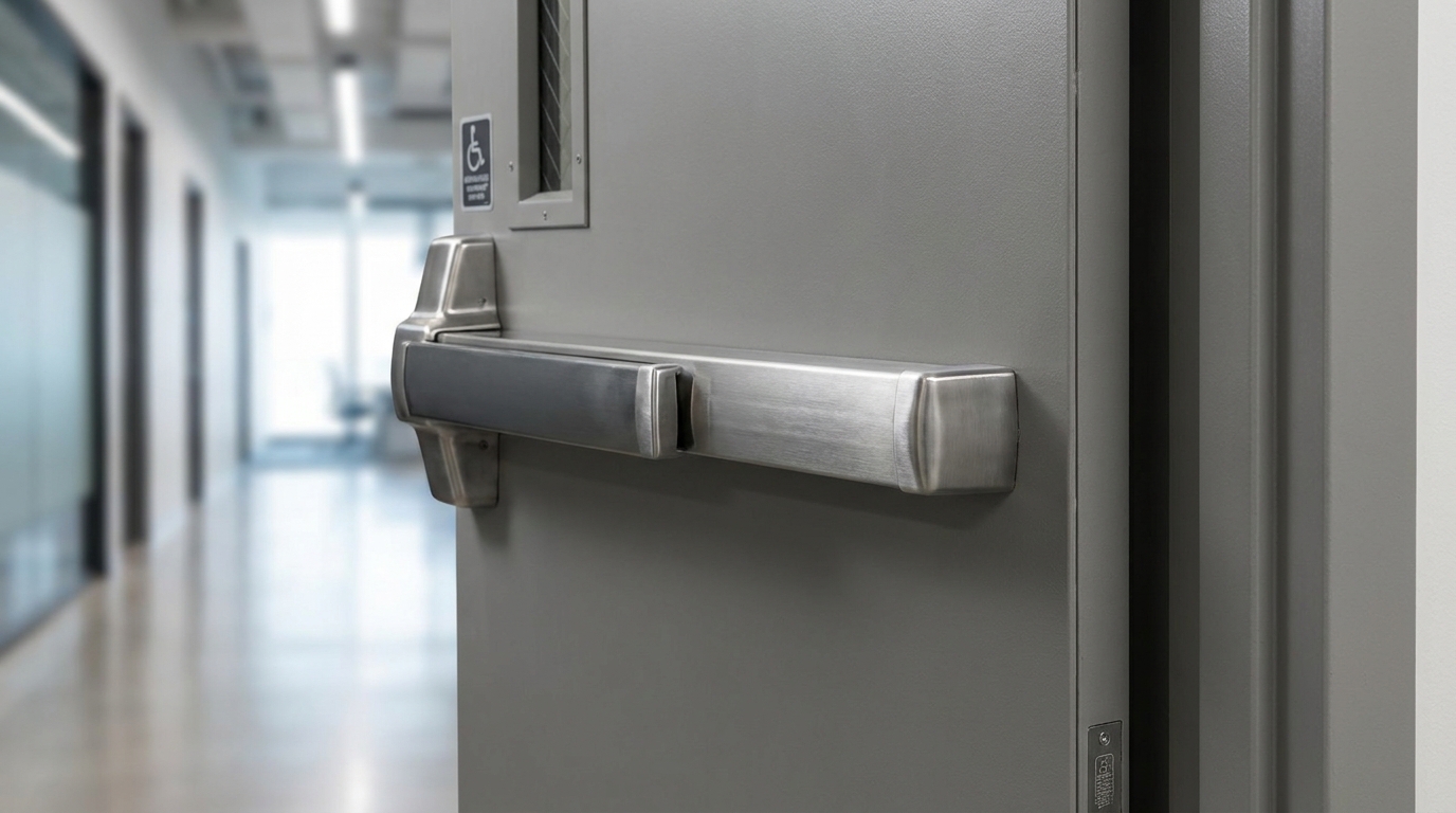 Panic bar exit device on a commercial door