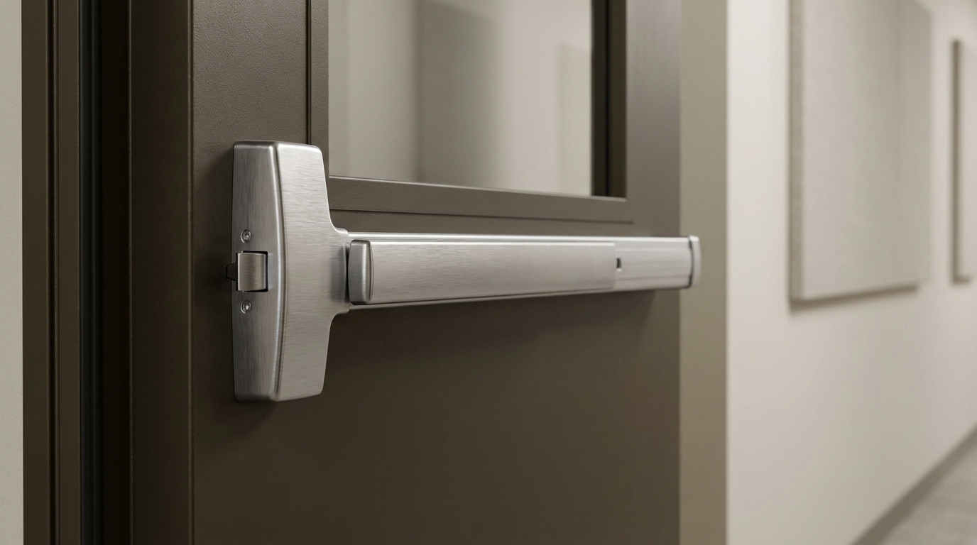Rim exit device mounted on commercial door surface